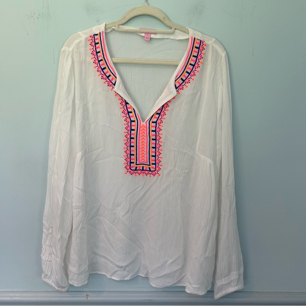 Lilly Pulitzer Resort White Embroidered Dahle Long Sleeve Tunic Top Size Medium